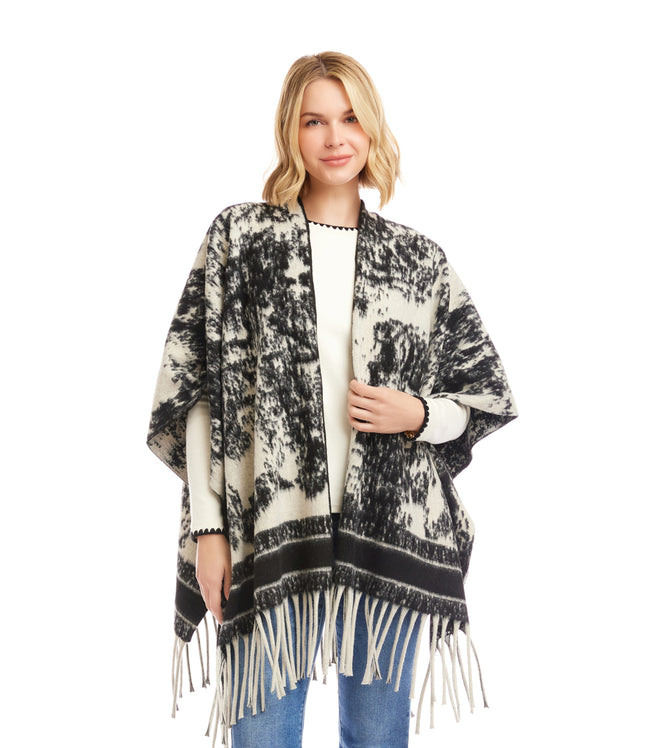 Karen Kane Ecru With Black Brushed Jacquard Knit Fringe Poncho Karen Kane