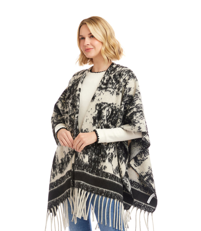 Karen Kane Ecru With Black Brushed Jacquard Knit Fringe Poncho Karen Kane