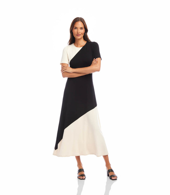 Karen Kane Ecru With Black Short Sleeve Contrast Midi Dress Karen Kane