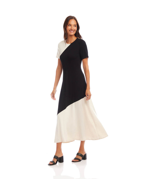 Karen Kane Ecru With Black Short Sleeve Contrast Midi Dress Karen Kane