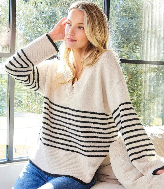 karen kane Ecru With Black Stripe V-Neck Sweater Karen Kane