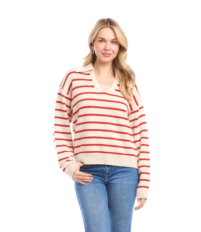 Karen Kane Ecru With Tomato Stripe Polo Sweater Karen Kane