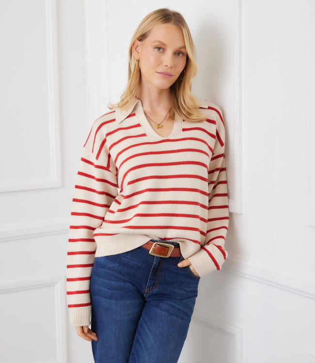 karen kane Ecru With Tomato Stripe Polo Sweater Karen Kane