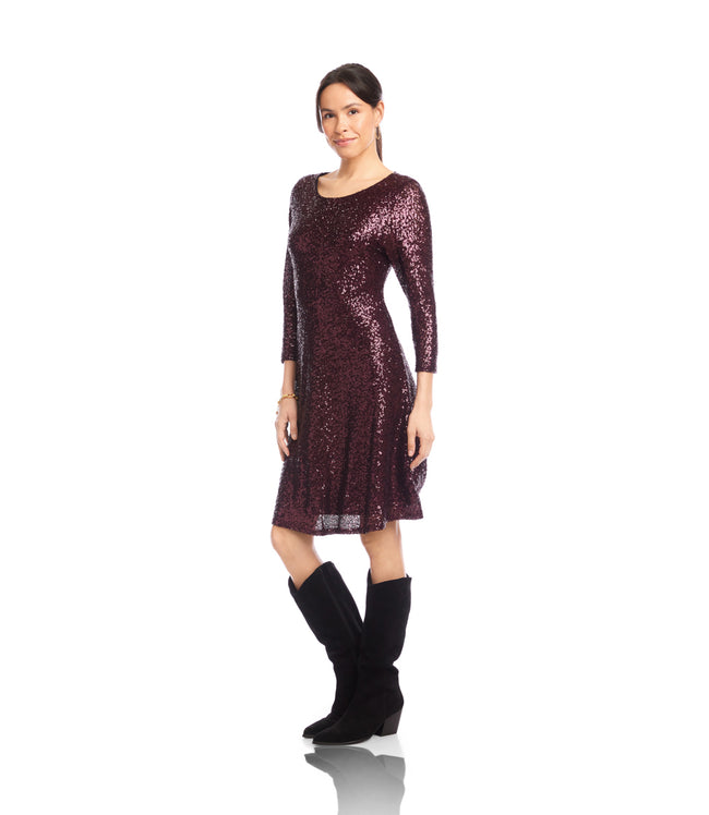Karen Kane Eggplant 3/4 Sleeve Sequin Scoop Neck Fit & Flare Dress Karen Kane
