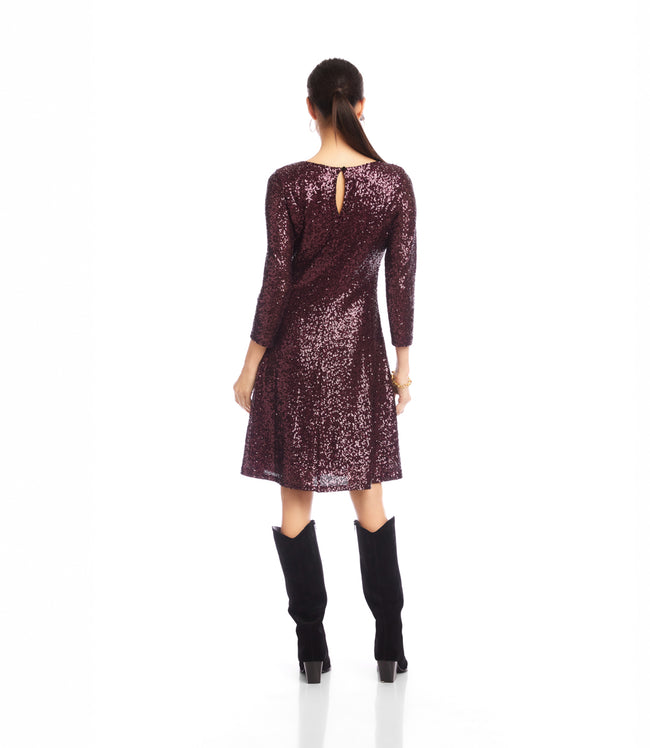 Karen Kane Eggplant 3/4 Sleeve Sequin Scoop Neck Fit & Flare Dress Karen Kane