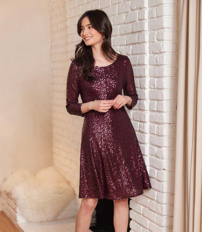 karen kane Eggplant 3/4 Sleeve Sequin Scoop Neck Fit & Flare Dress Karen Kane