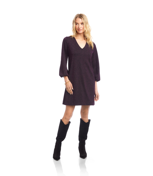 Karen Kane Eggplant Blouson Sleeve Metallic Knit V-Neck Dress Karen Kane