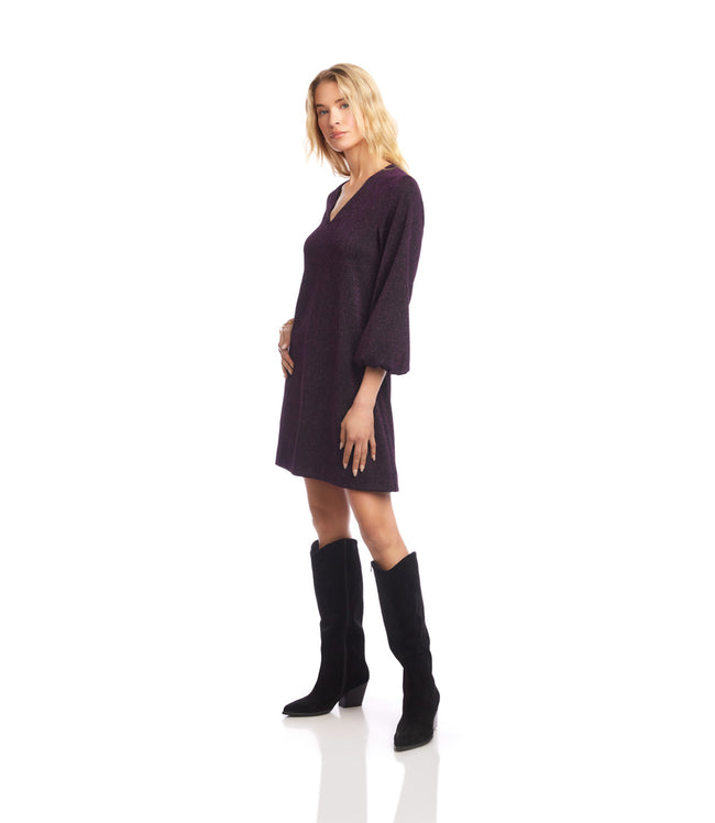 Karen Kane Eggplant Blouson Sleeve Metallic Knit V-Neck Dress Karen Kane