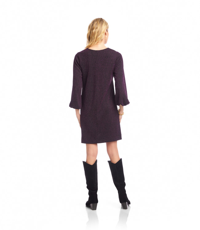 Karen Kane Eggplant Blouson Sleeve Metallic Knit V-Neck Dress Karen Kane