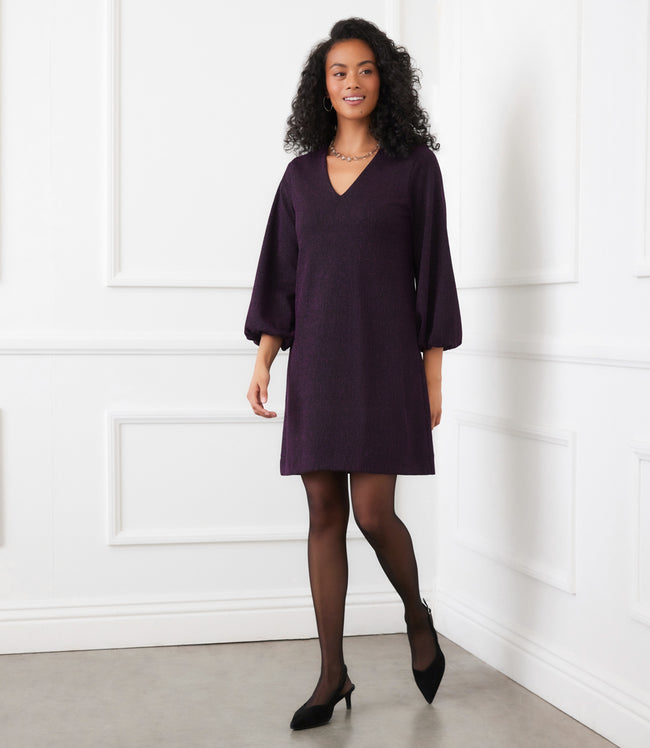 karen kane Eggplant Blouson Sleeve Metallic Knit V-Neck Dress Karen Kane