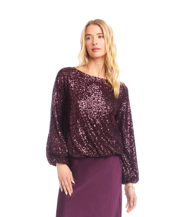 Karen Kane Eggplant Blouson Sleeve Sequin Boatneck Top Karen Kane