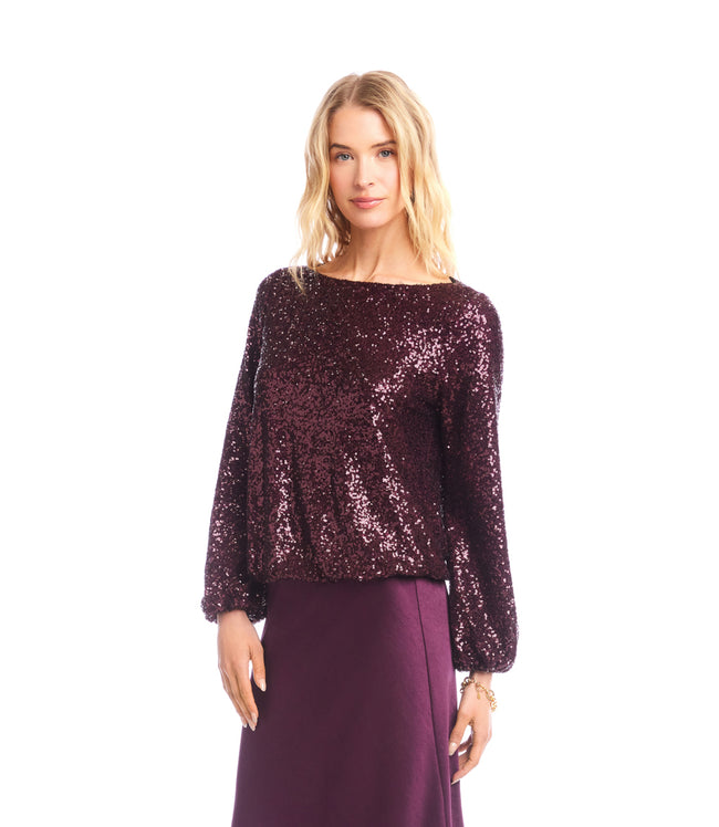 Karen Kane Eggplant Blouson Sleeve Sequin Boatneck Top Karen Kane