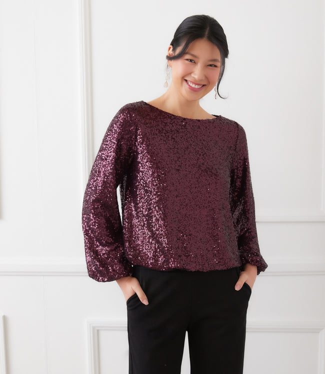 karen kane Eggplant Blouson Sleeve Sequin Boatneck Top Karen Kane