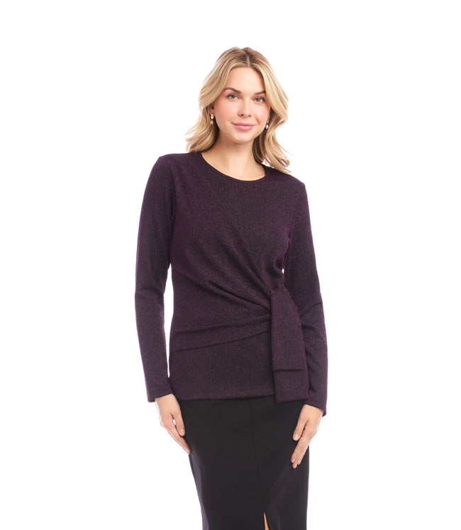 Karen Kane Eggplant Long Sleeve Metallic Knit Side-Tie Top Karen Kane