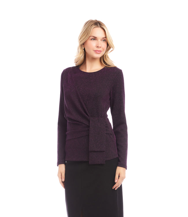 Karen Kane Eggplant Long Sleeve Metallic Knit Side-Tie Top Karen Kane
