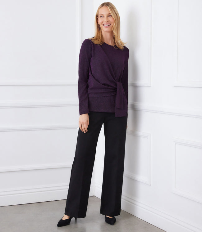 karen kane Eggplant Long Sleeve Metallic Knit Side-Tie Top Karen Kane