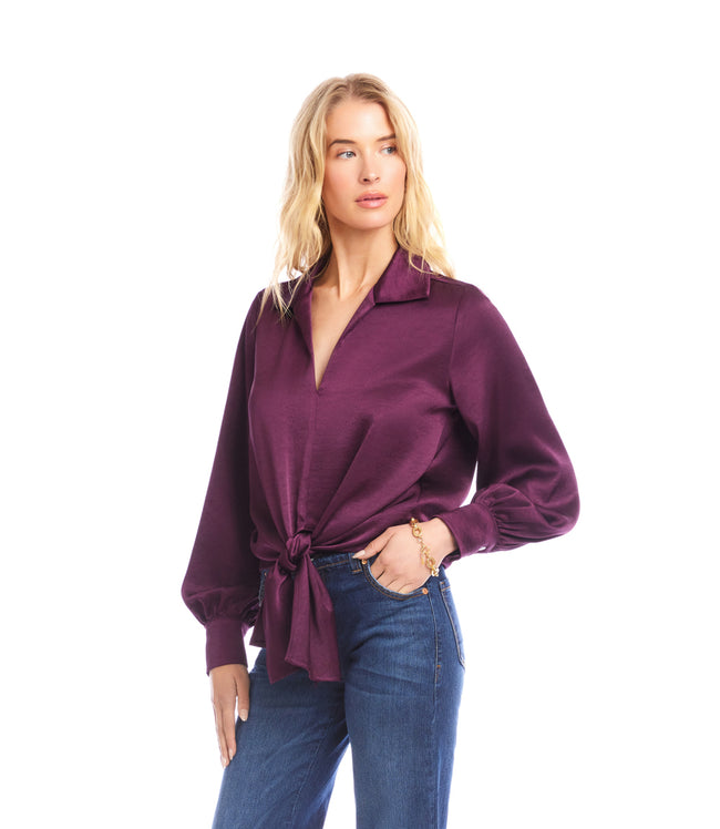 Karen Kane Eggplant Long Sleeve Satin Tie-Front Top Karen Kane