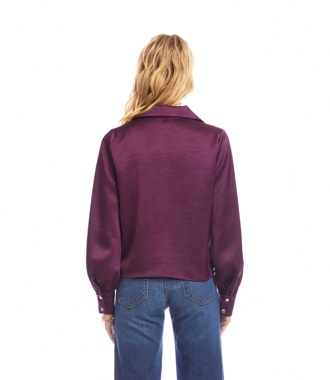 Karen Kane Eggplant Long Sleeve Satin Tie-Front Top Karen Kane