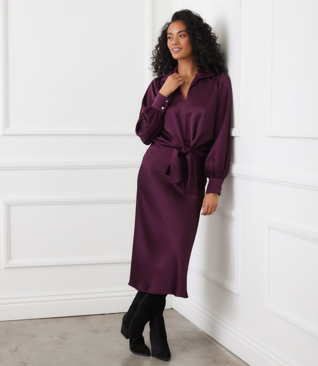 karen kane Eggplant Long Sleeve Satin Tie-Front Top Karen Kane