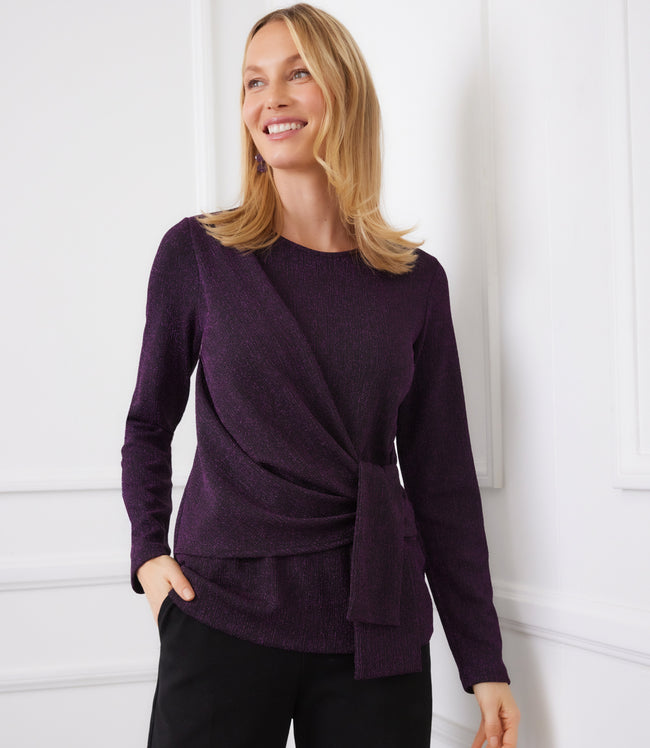 karen kane Eggplant Petite Size Long Sleeve Metallic Knit Side-Tie Top Karen Kane