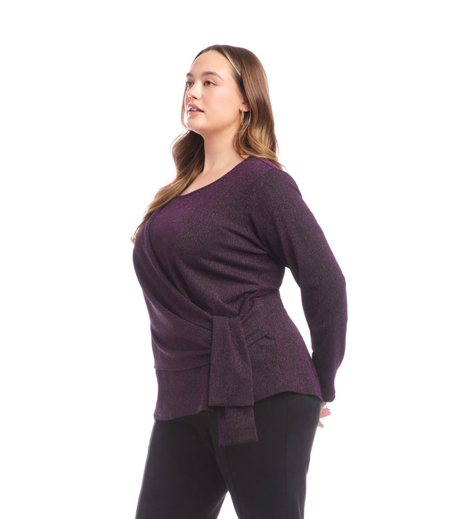 Karen Kane Eggplant Plus Size Long Sleeve Metallic Knit Side-Tie Top Karen Kane
