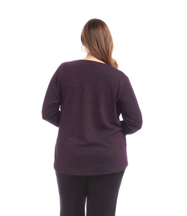 Karen Kane Eggplant Plus Size Long Sleeve Metallic Knit Side-Tie Top Karen Kane