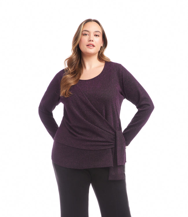 karen kane Eggplant Plus Size Long Sleeve Metallic Knit Side-Tie Top Karen Kane