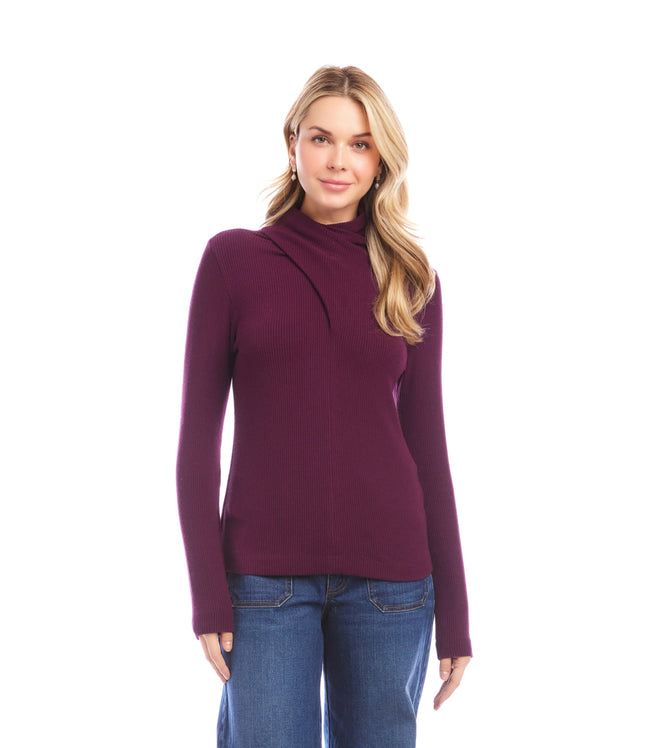 Karen Kane Eggplant Ribbed Faux Wrap Turtleneck Top Karen Kane