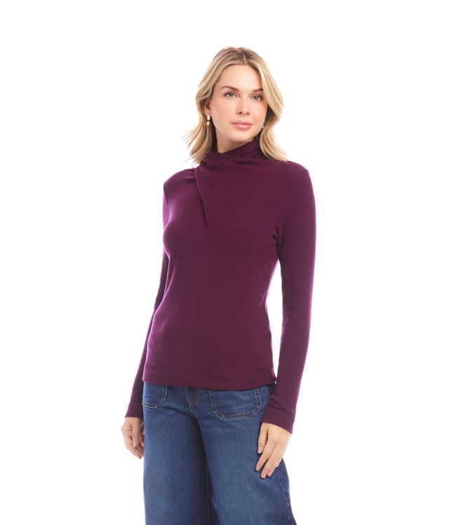 Karen Kane Eggplant Ribbed Faux Wrap Turtleneck Top Karen Kane