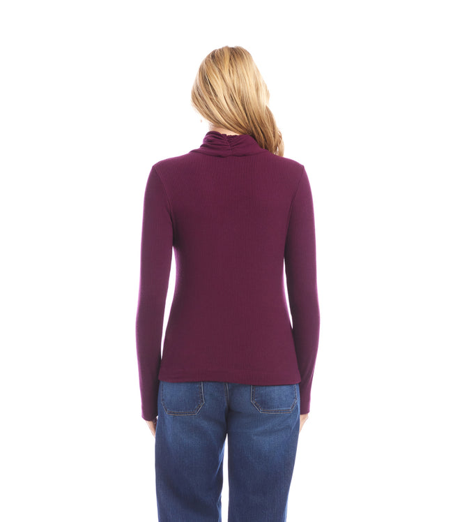 Karen Kane Eggplant Ribbed Faux Wrap Turtleneck Top Karen Kane
