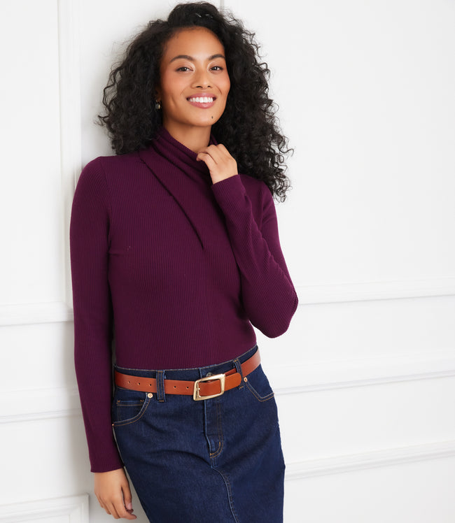 karen kane Eggplant Ribbed Faux Wrap Turtleneck Top Karen Kane