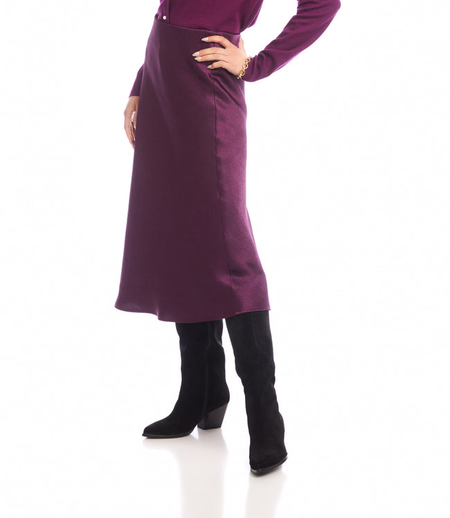 Karen Kane Eggplant Satin Bias Cut Midi Skirt Karen Kane