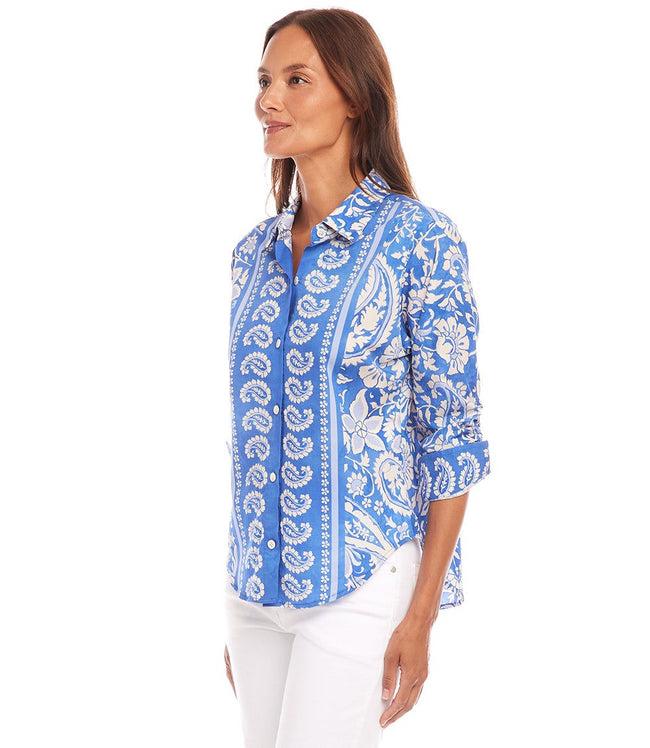 Karen Kane Floral Paisley Ruched Sleeve Button-Up Shirt Karen Kane