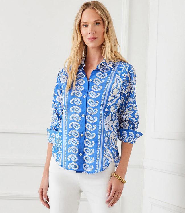 karen kane Floral Paisley Ruched Sleeve Button-Up Shirt Karen Kane