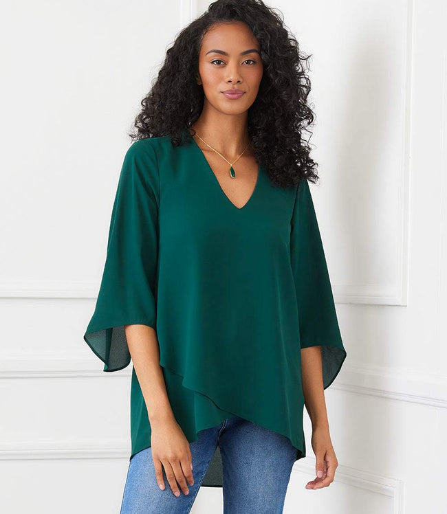 Karen Kane Forest Green Petite Size Bracelet Sleeve Asymmetric Top Karen Kane