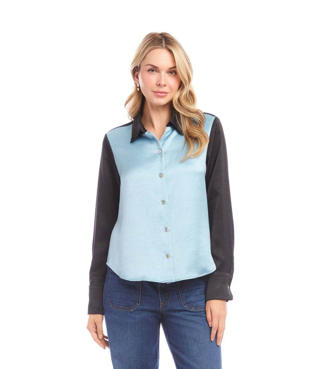 Karen Kane Glacier With Black Long Sleeve Satin Colorblock Shirt Karen Kane