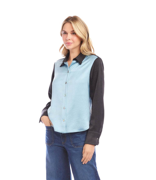 Karen Kane Glacier With Black Long Sleeve Satin Colorblock Shirt Karen Kane