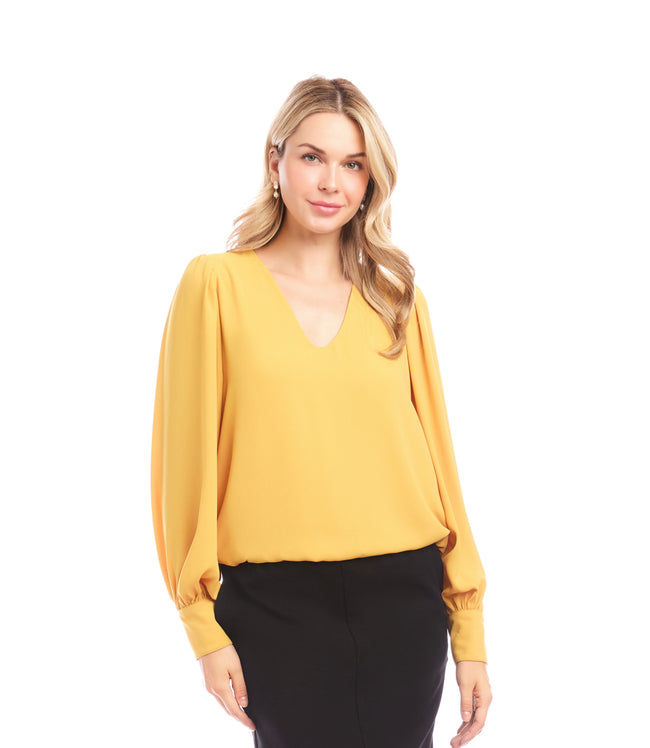Karen Kane Gold Petite Size Puff Sleeve V-Neck Top Karen Kane