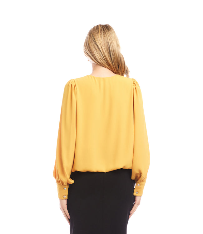 Karen Kane Gold Petite Size Puff Sleeve V-Neck Top Karen Kane