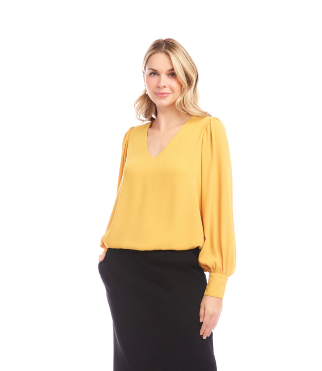 karen kane Gold Petite Size Puff Sleeve V-Neck Top Karen Kane