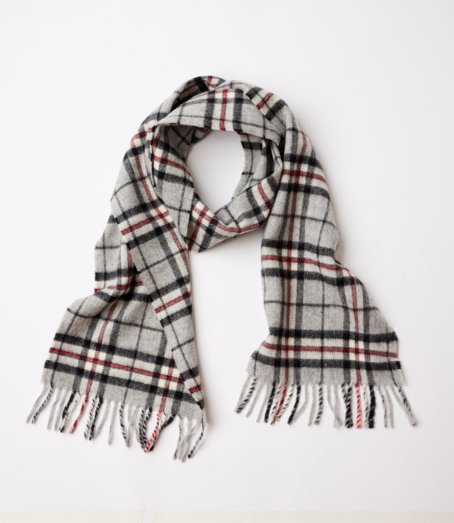 karen kane Gray With Black Merino Wool Fringed Plaid Scarf Karen Kane