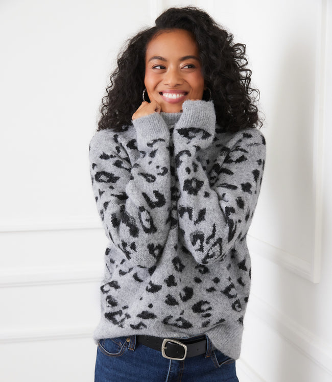 Karen Kane Gray With Black Metallic Animal Print Crewneck Sweater Karen Kane