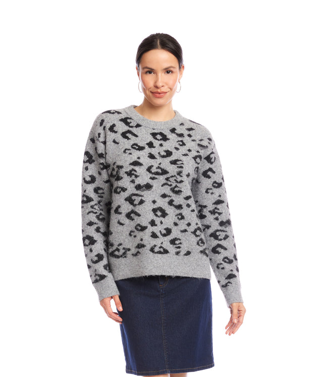 Karen Kane Gray With Black Metallic Animal Print Crewneck Sweater Karen Kane