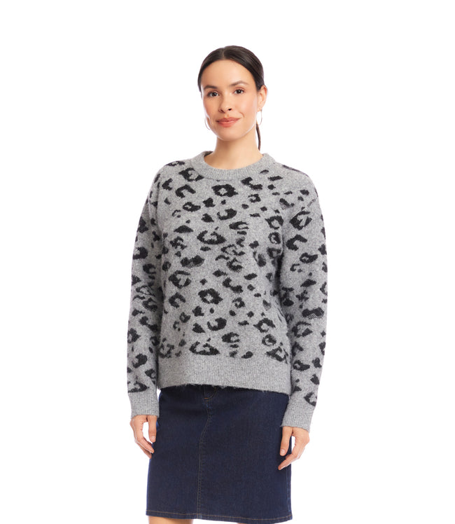Karen Kane Gray With Black Metallic Animal Print Crewneck Sweater Karen Kane