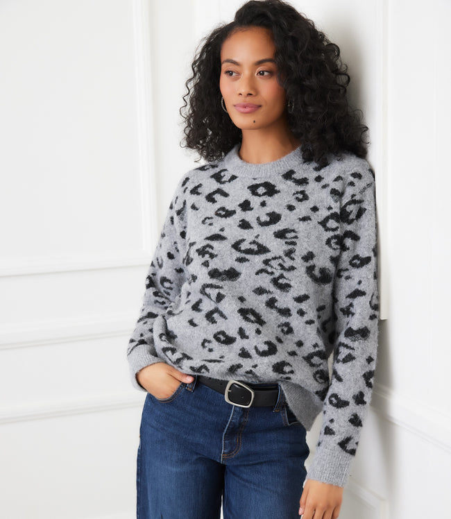 karen kane Gray With Black Metallic Animal Print Crewneck Sweater Karen Kane