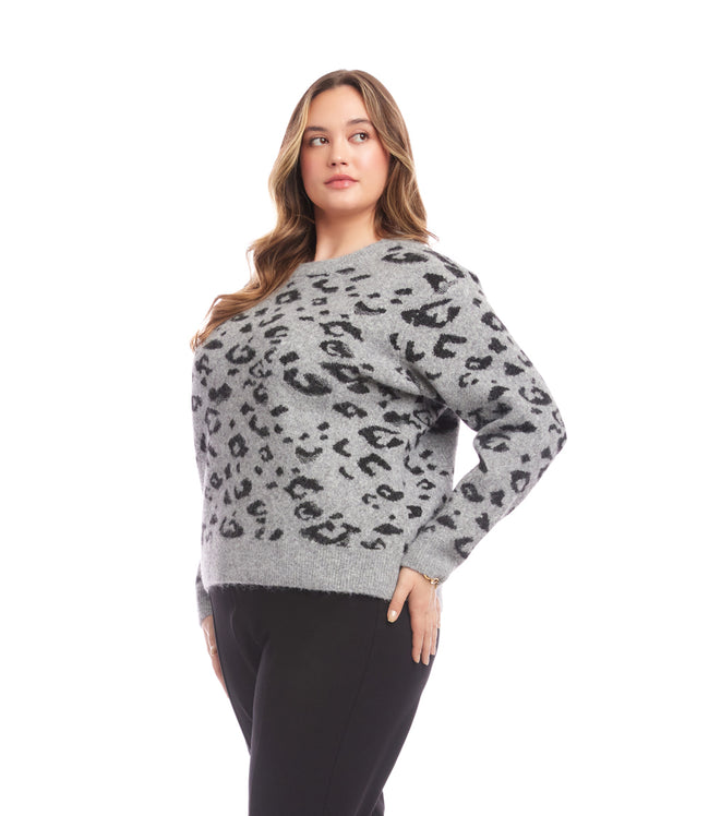 Karen Kane Gray With Black Plus Size Metallic Animal Print Crewneck Sweater Karen Kane