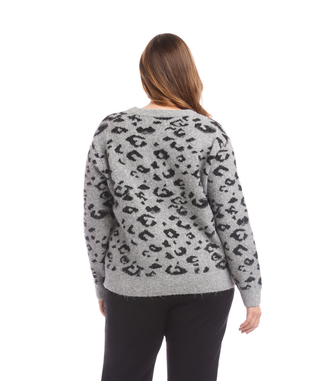 Karen Kane Gray With Black Plus Size Metallic Animal Print Crewneck Sweater Karen Kane