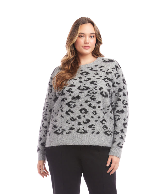 karen kane Gray With Black Plus Size Metallic Animal Print Crewneck Sweater Karen Kane