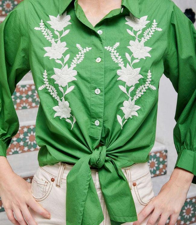 Karen Kane Green Blouson Sleeve Embroidered Tie-Front Top Karen Kane