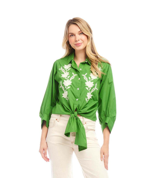 Karen Kane Green Blouson Sleeve Embroidered Tie-Front Top Karen Kane